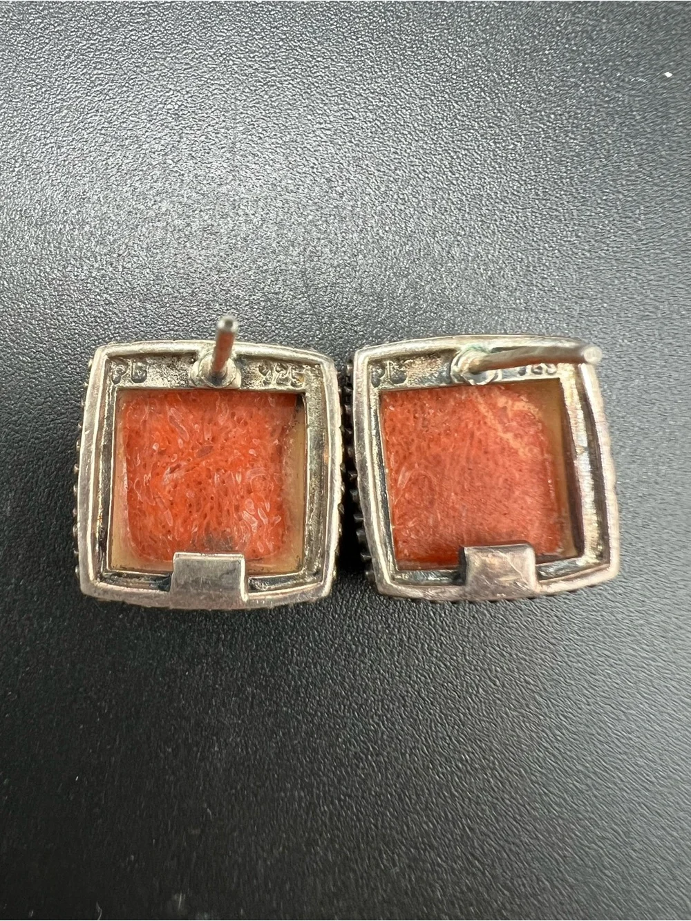 Sterling Silver (925) Orange Sponge Coral Square Stud Earrings Signed PB